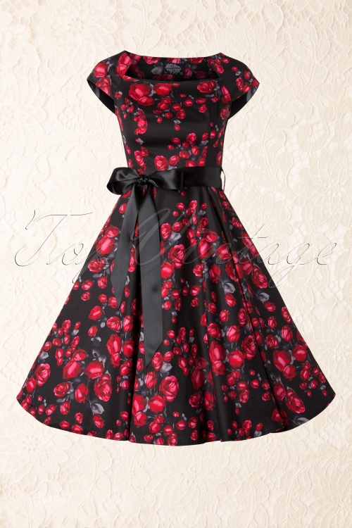 Hearts & Roses - 50s Pretty Rose Swing Dress in Black