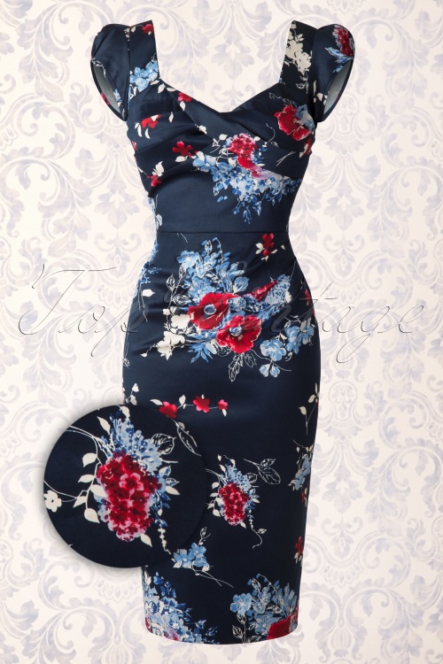 50s Billion Dollar Floral Pencil Dress in Blue