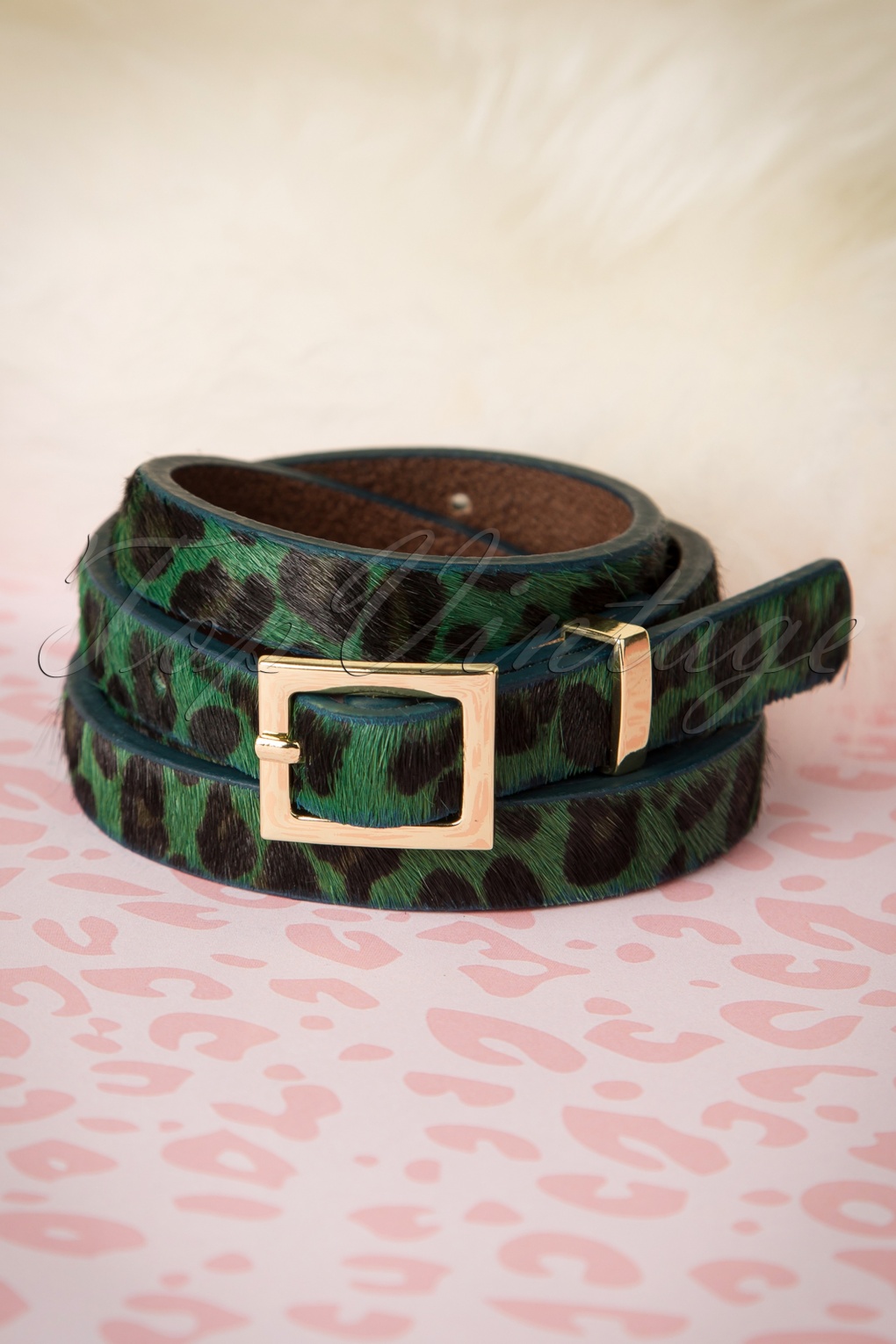 50s Leopard Leather Belt in Peacock Green