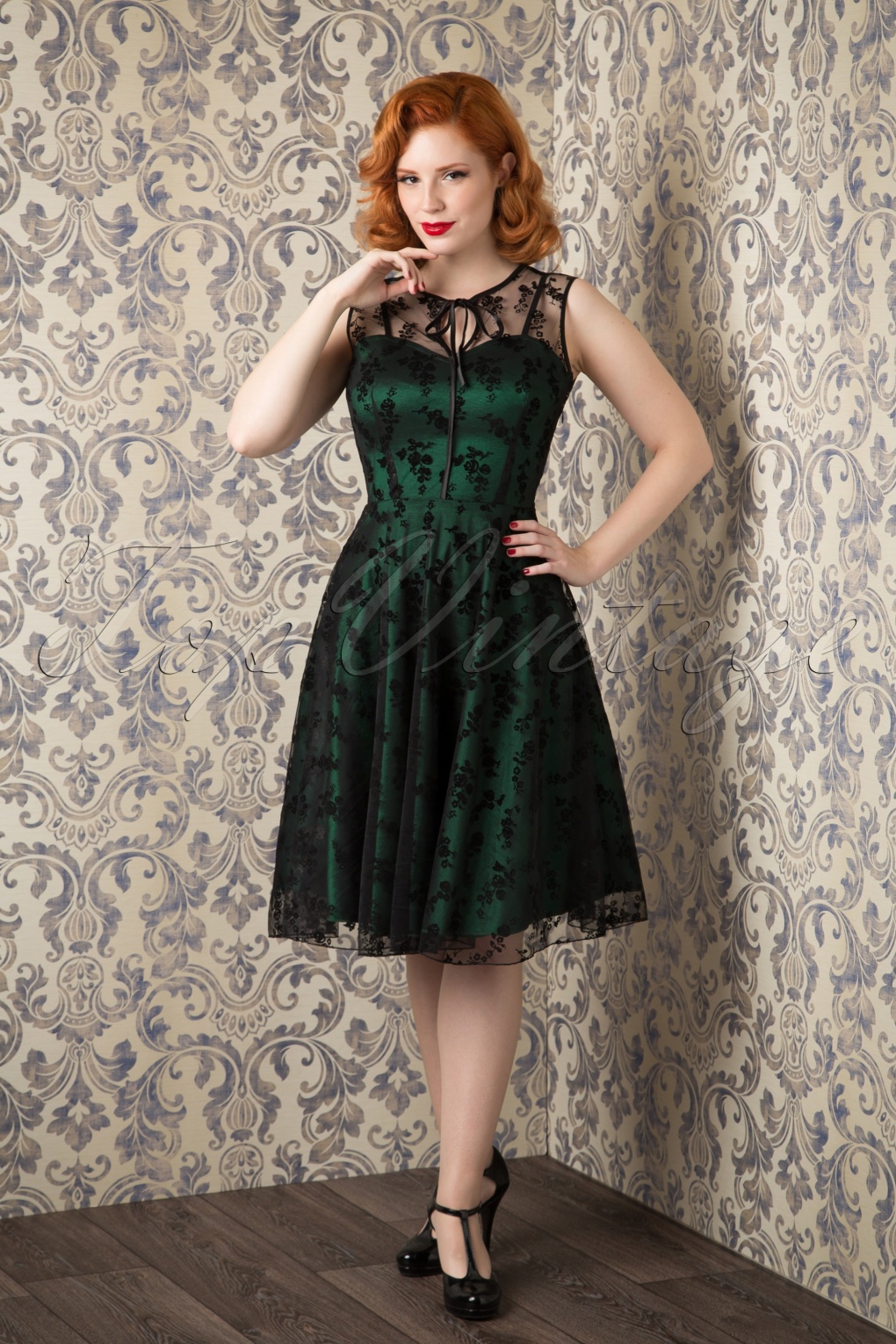 30s classy black lace satin green dress