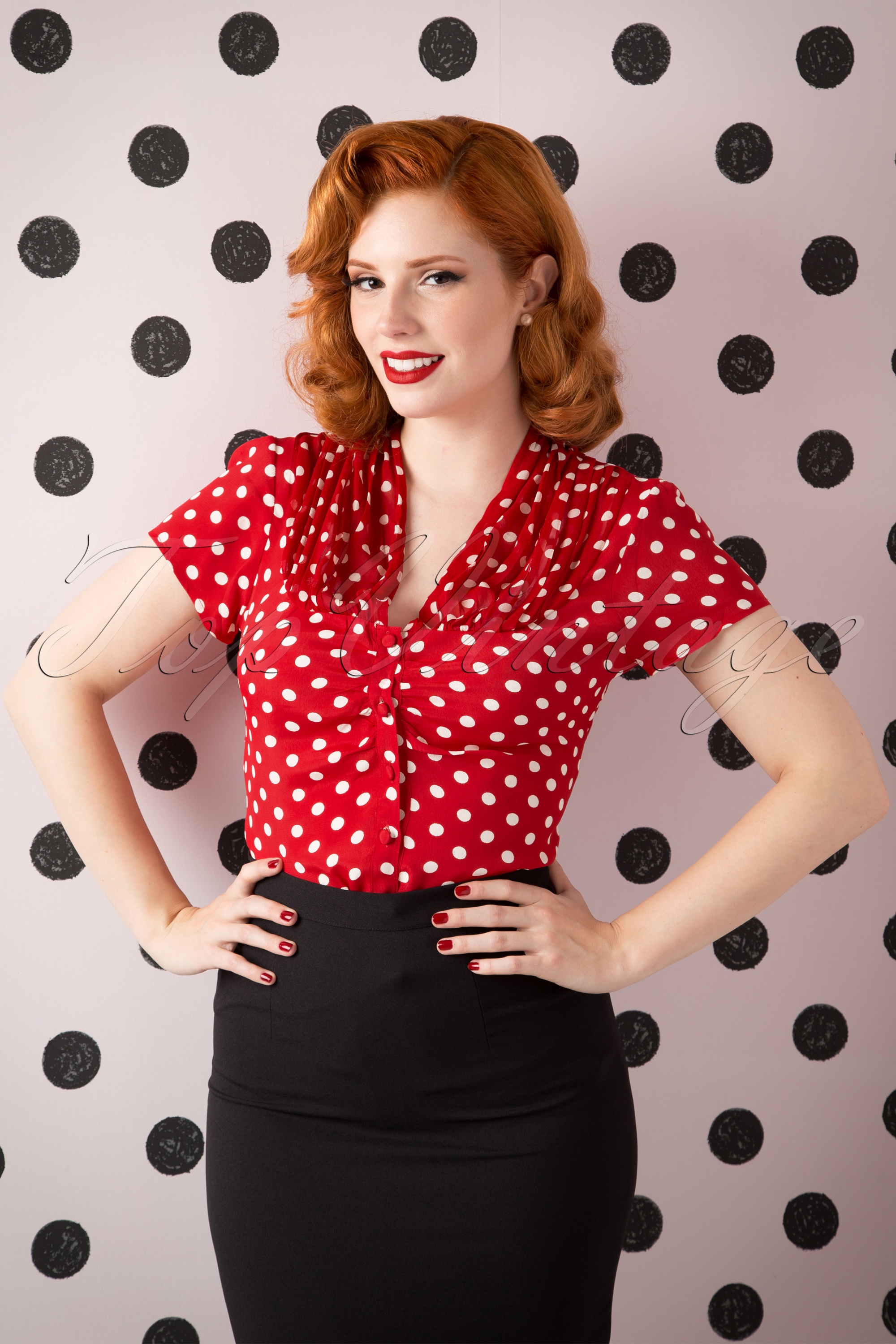 The Seamstress of Bloomsbury 40s Paula Polkadot Blouse in Red and White Shop at Topvintage