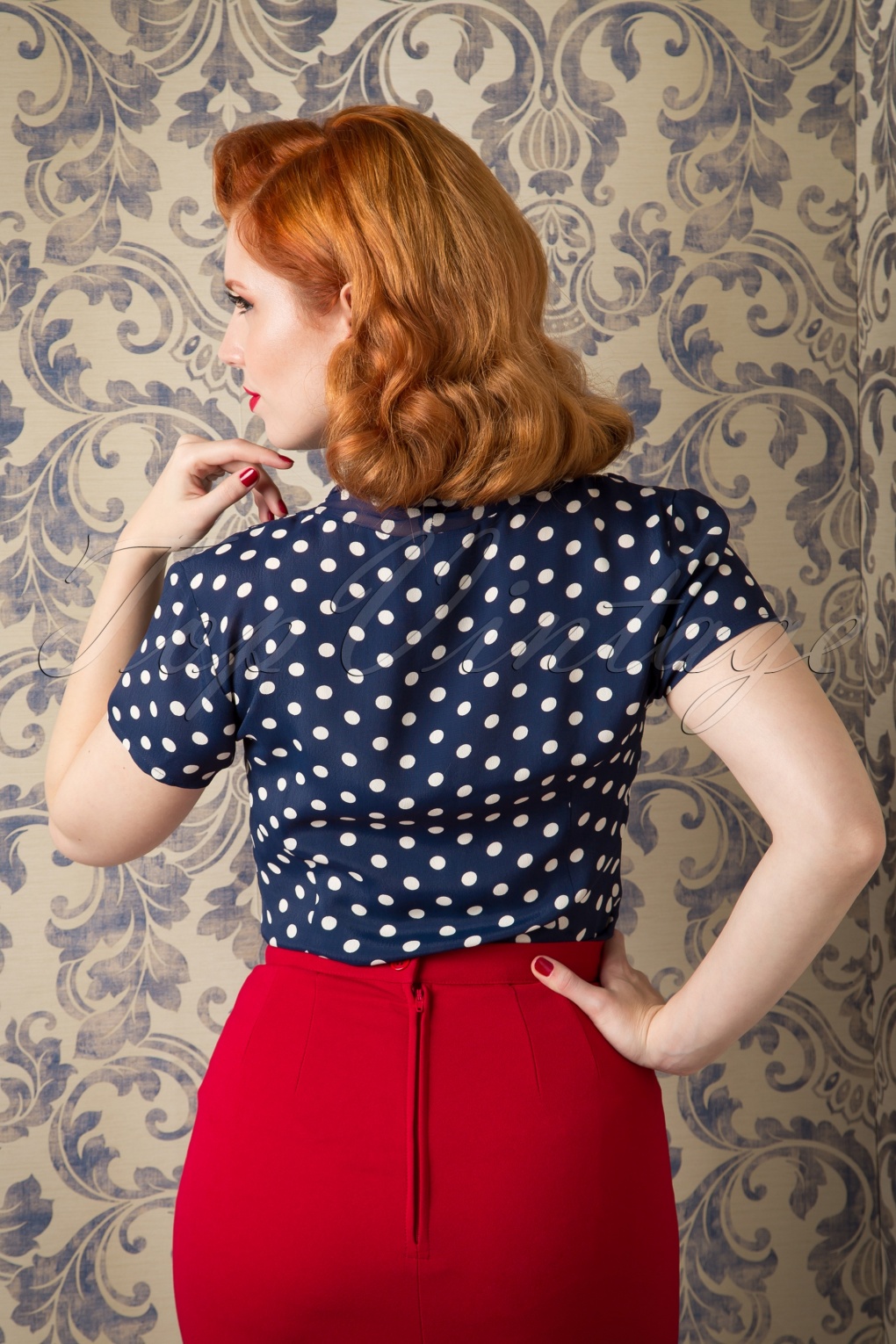 40s Paula Polkadot Blouse in Navy and Cream