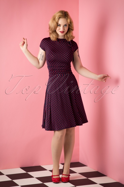 Retrolicious - 50s Bridget Heart Bombshell Dress in Navy and Red 3
