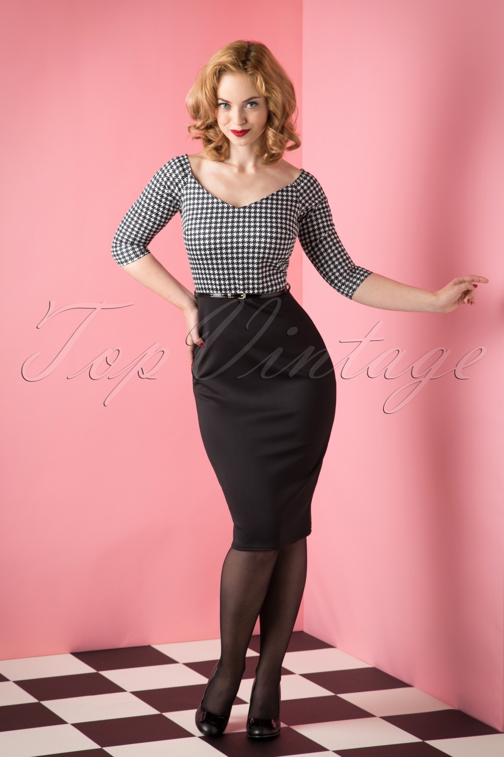 TopVintage exclusive 50s Priscilla Black Houndstooth Pencil Dress