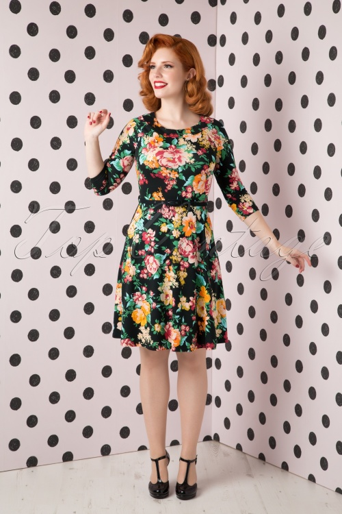 50s Perfume Floral Skater Dress in Black