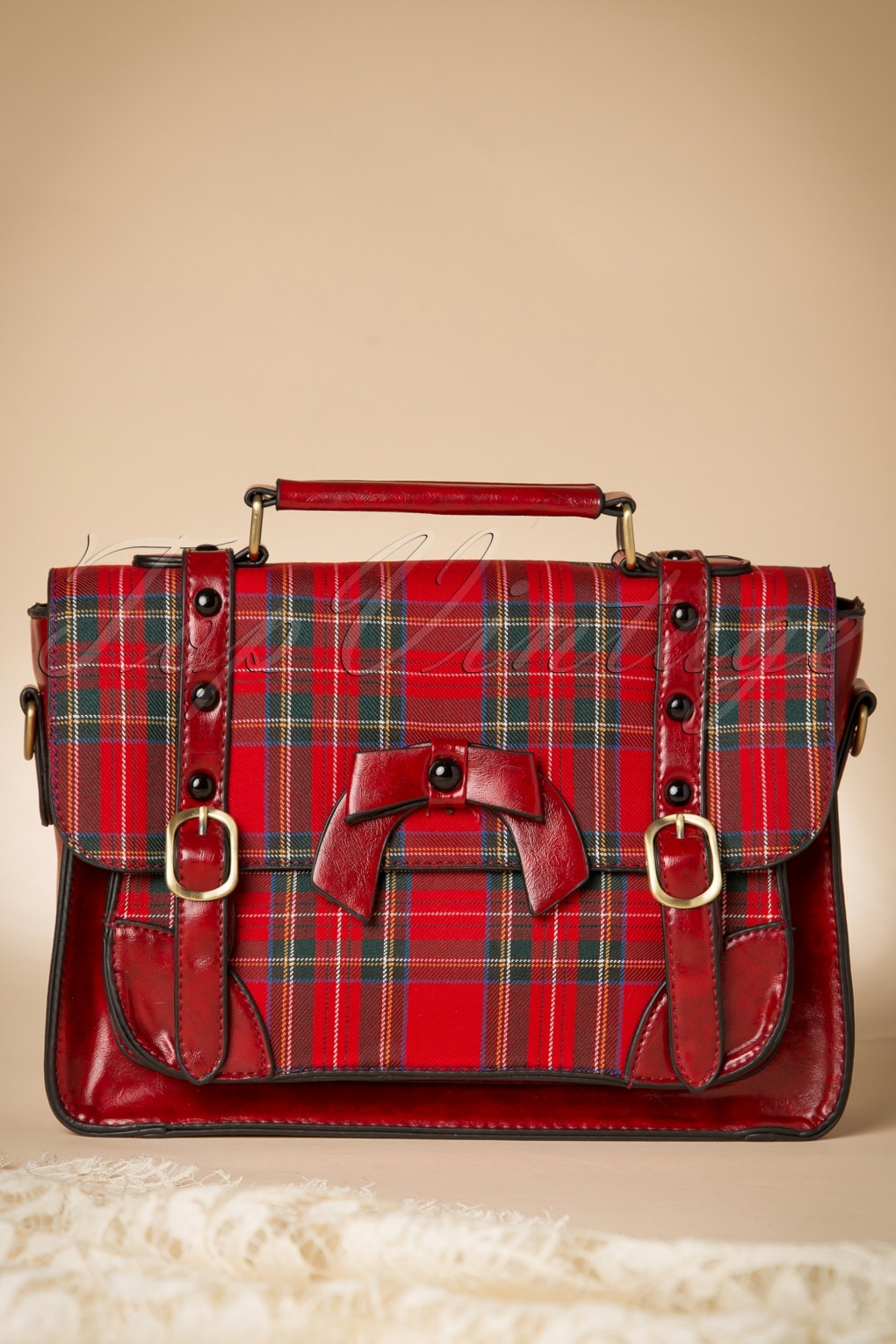 50s Vintage Bow Messenger Bag In Red Tartan