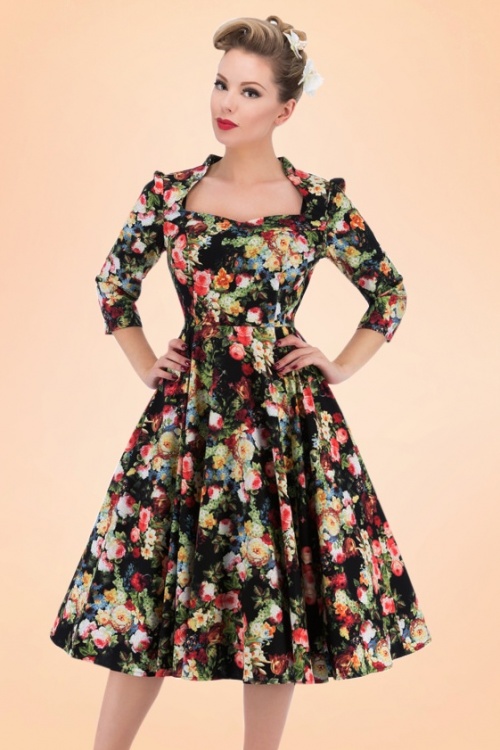 50s Sofie Floral Swing Dress in Black