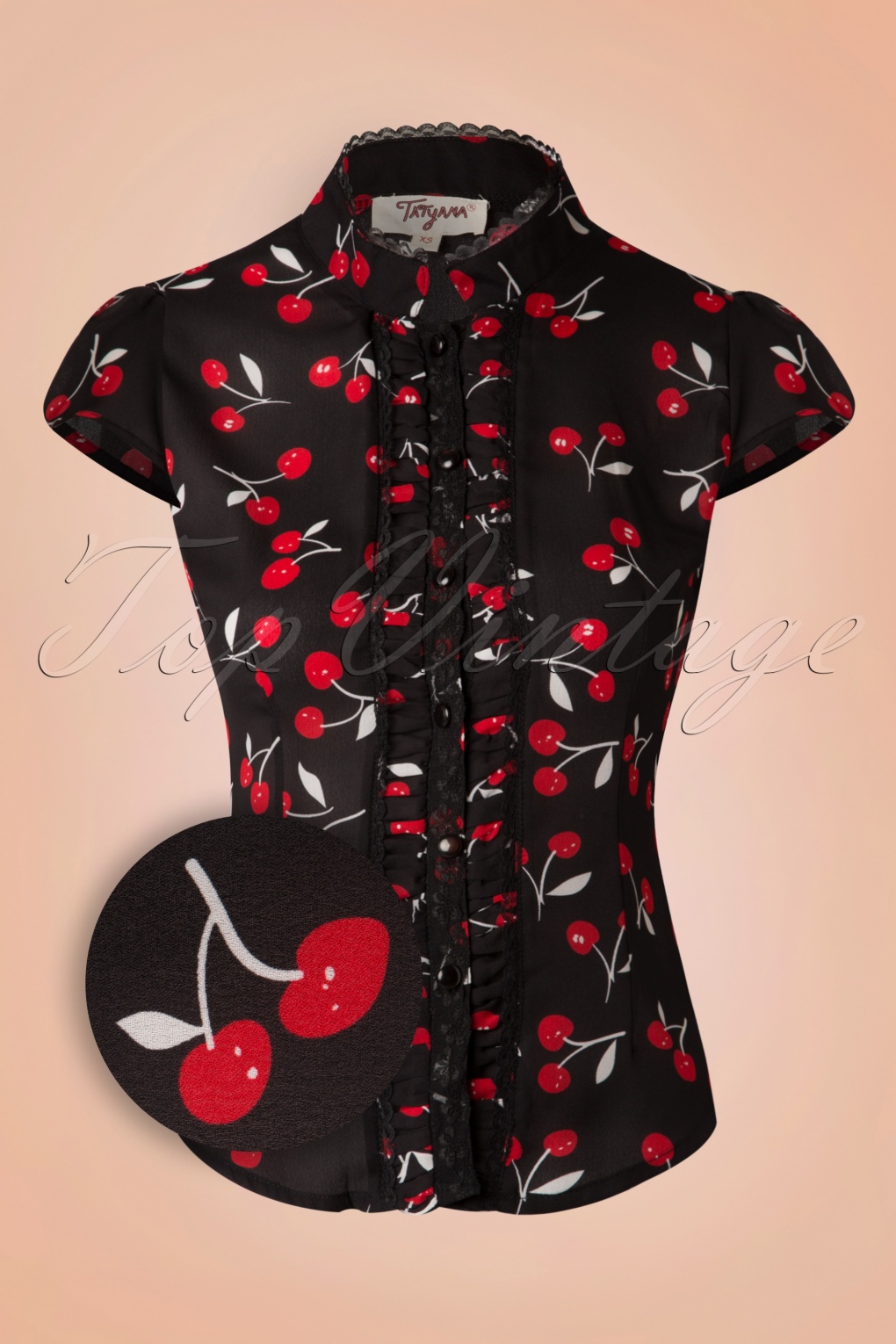 Ongekend 50s Lucy Cherry Blouse in Black KN-49