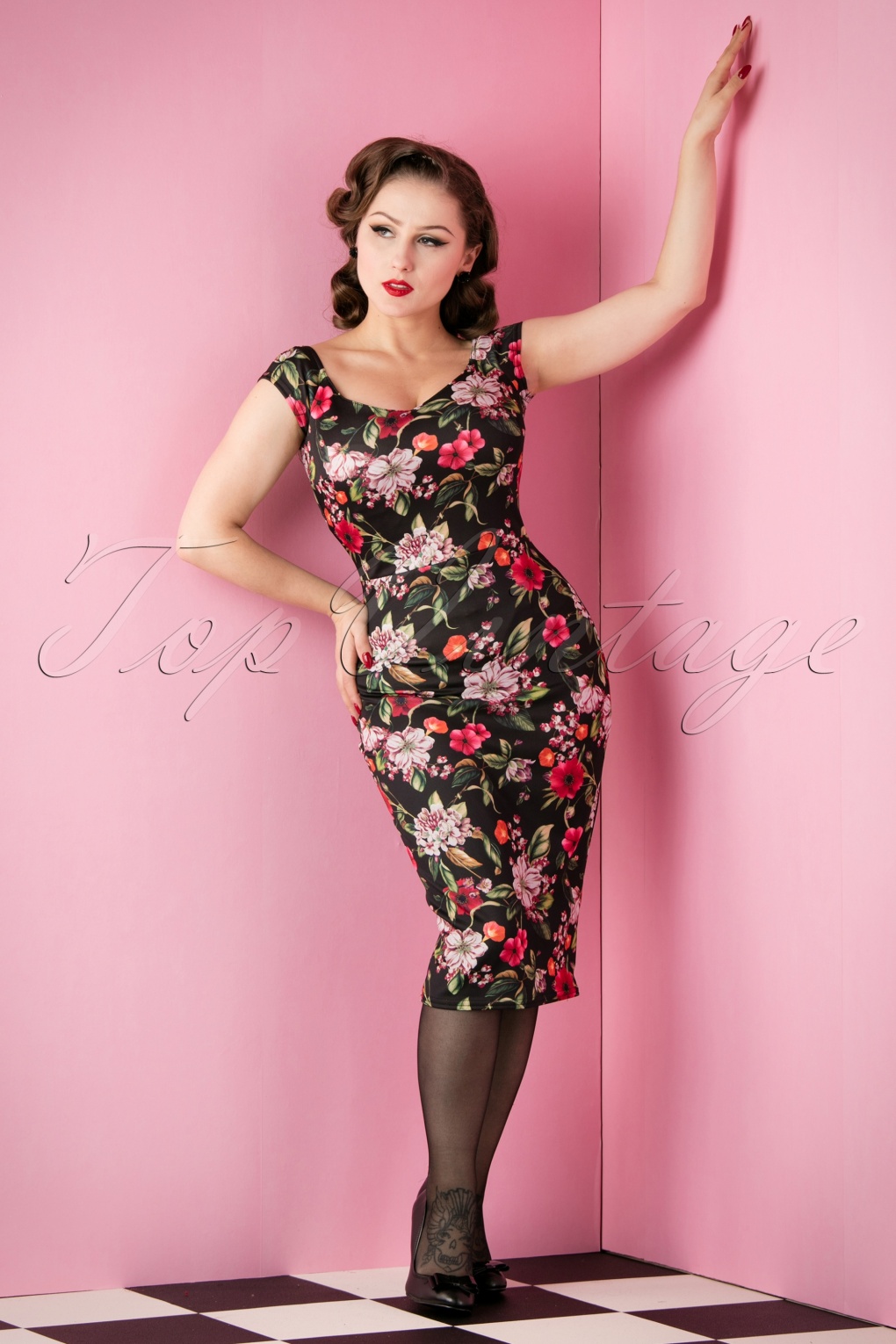 TopVintage Exclusive 50s Alma Autumn Flowers Pencil Dress in Charcoal