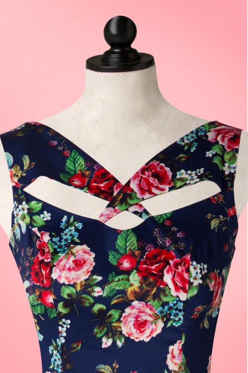 Hearts & Roses - 50s Etta Floral Pencil Dress in Navy 3