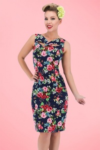 Hearts & Roses - 50s Etta Floral Pencil Dress in Navy 4