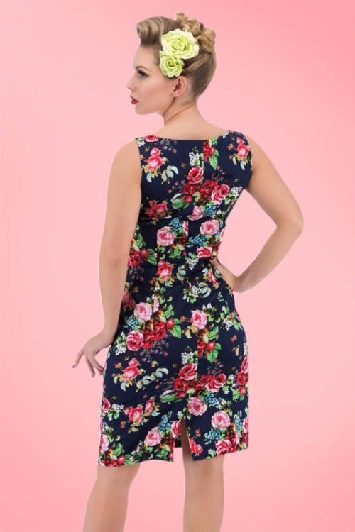 Hearts & Roses - 50s Etta Floral Pencil Dress in Navy 7