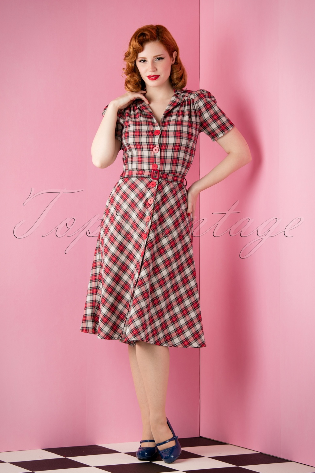 topvintage-exclusive-40s-lisa-tartan-dress-in-grey-and-red