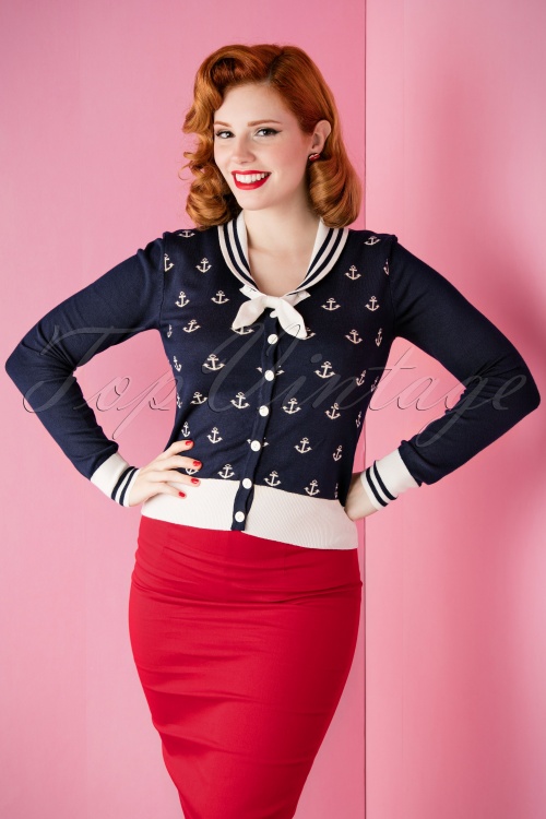 Banned Retro - Sailor Anchors Bow Cardigan in Marineblau