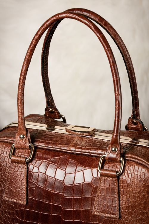 VaVa Vintage - Chique koffer Croc handtas in bruin leer 3