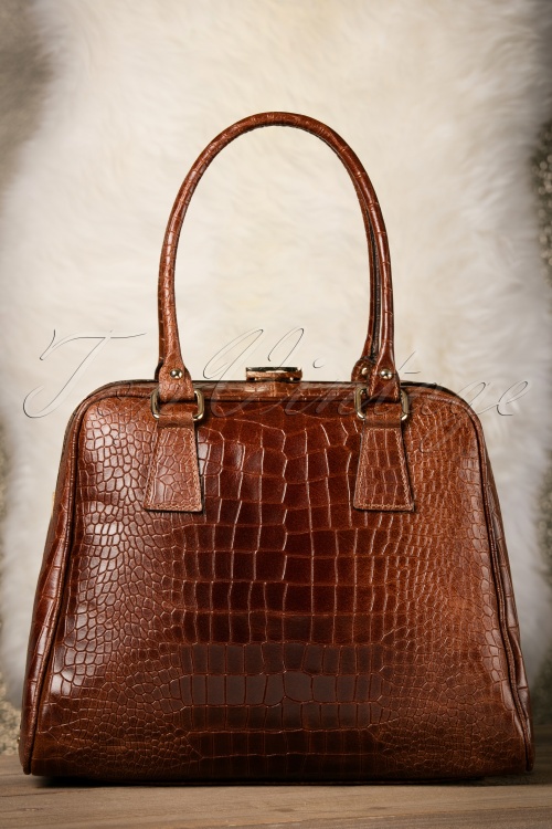 VaVa Vintage - Chic Suitcase Croc Handbag Années 1960 en cuir Marron