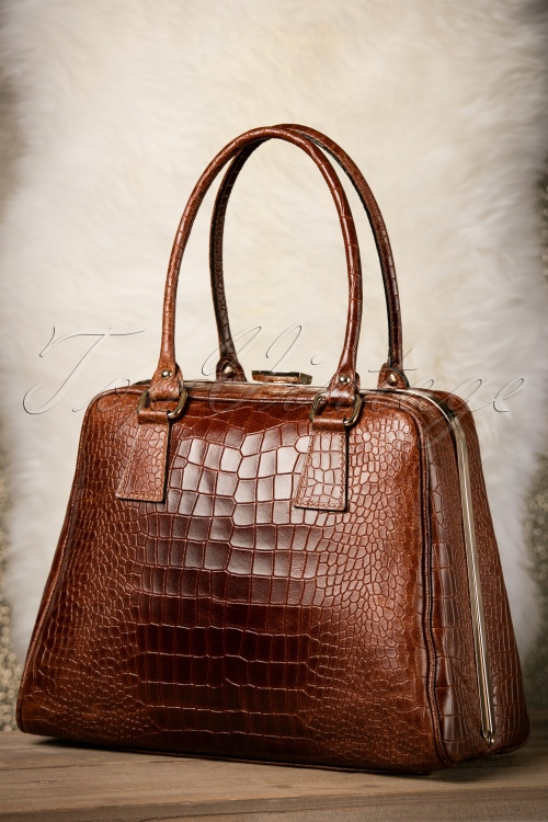 VaVa Vintage - 60s Chic Suitcase Croc Handbag in Brown Leather 2