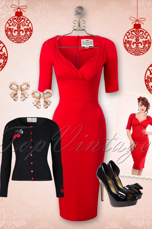 Collectif Clothing - 50s Trixie Doll Pencil Dress in Red 6