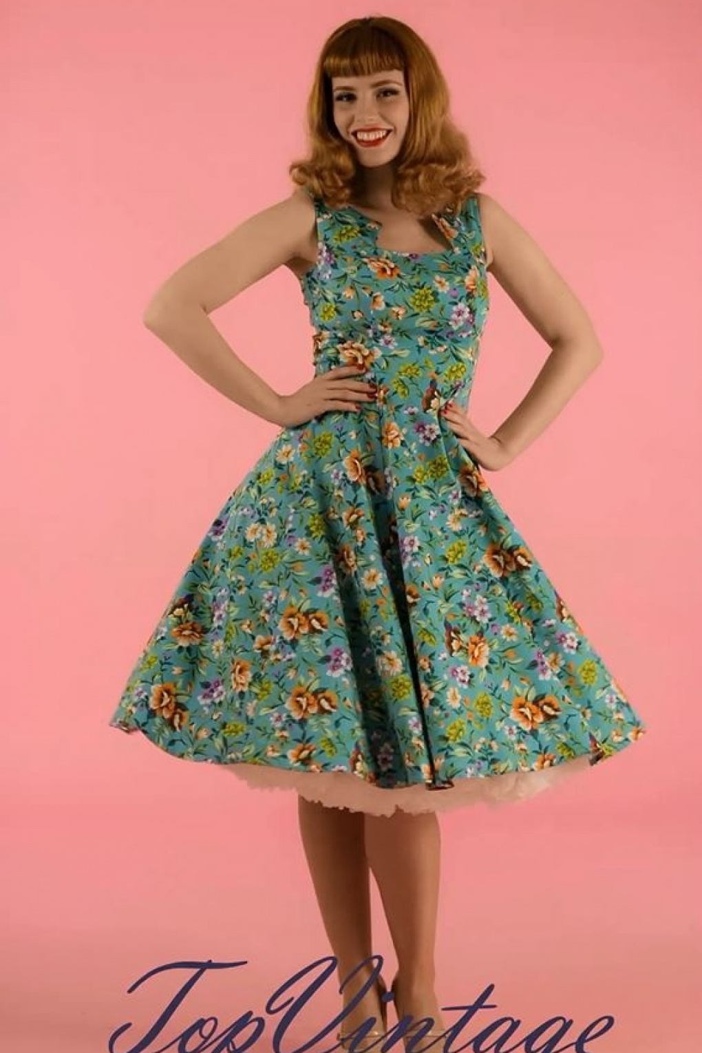 50s Ella Floral Swing Dress in Turquoise