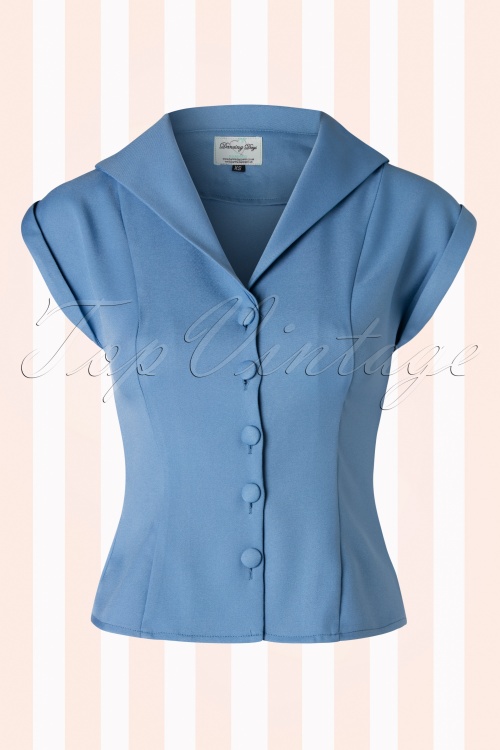 Banned Retro - 50s Dream Master Short Sleeve Blouse in Misty Blue