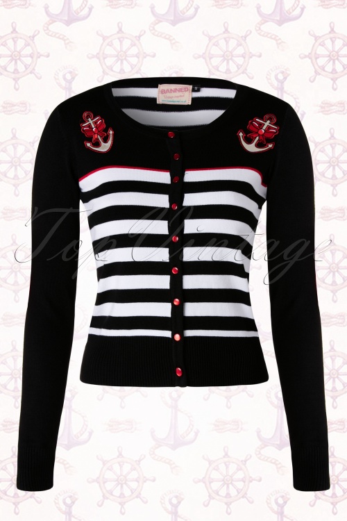 Banned Retro - Sailor Party Cardigan Années 1950 en rayures Noires et Blanches