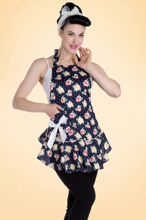 Bunny - 50s Emma Floral Apron in Navy 2