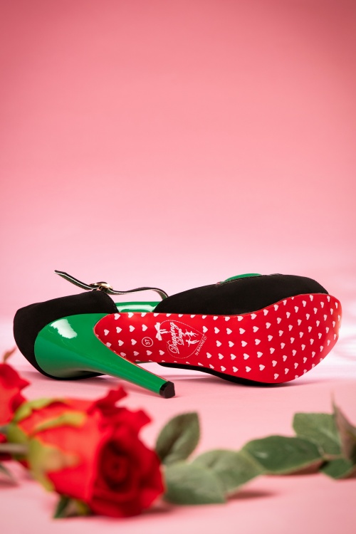 Banned Retro - 50s Sage Rose Peeptoe Pumps in Black and Green 7