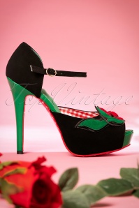 Banned Retro - 50s Sage Rose Peeptoe Pumps in Black and Green 4