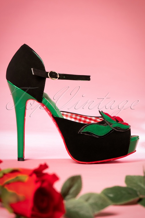 Banned Retro - 50s Sage Rose Peeptoe Pumps in Black and Green 4