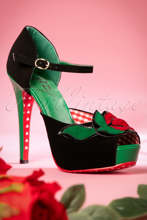 Banned Retro - 50s Sage Rose Peeptoe Pumps in Black and Green