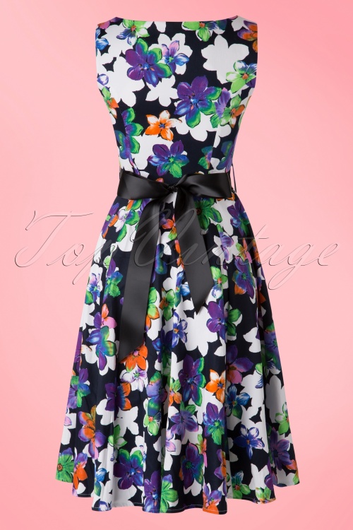 Hearts & Roses - 50s Edith Purple Flower Swing Dress in Black 8