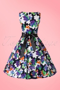 Hearts & Roses - 50s Edith Purple Flower Swing Dress in Black 6