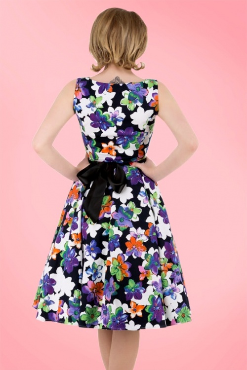 Hearts & Roses - 50s Edith Purple Flower Swing Dress in Black 7