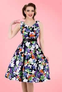 Hearts & Roses - 50s Edith Purple Flower Swing Dress in Black 3