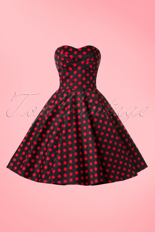 Dolly and Dotty - 50s Melissa Polkadot Bandeau Swing Dress in Black and Red 3