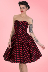 Dolly and Dotty - 50s Melissa Polkadot Bandeau Swing Dress in Black and Red 9