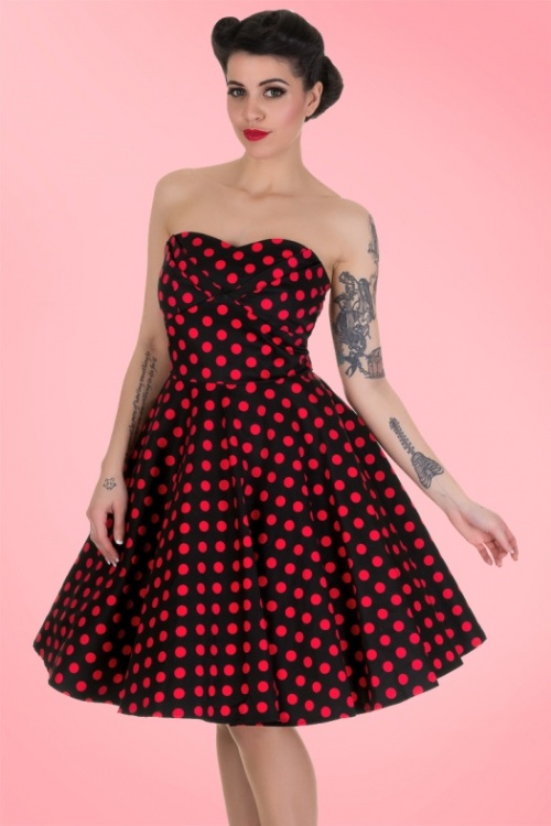 Dolly and Dotty - 50s Melissa Polkadot Bandeau Swing Dress in Black and Red 9
