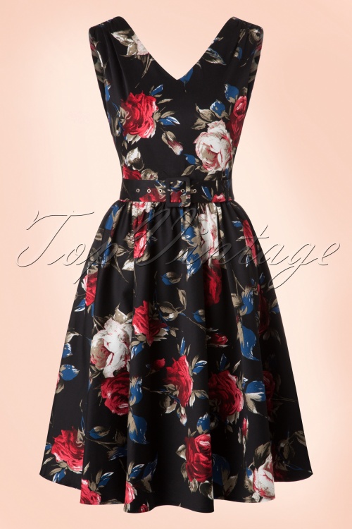 Dolly and Dotty - 50s Petal Roses Swing Dress in Black 2