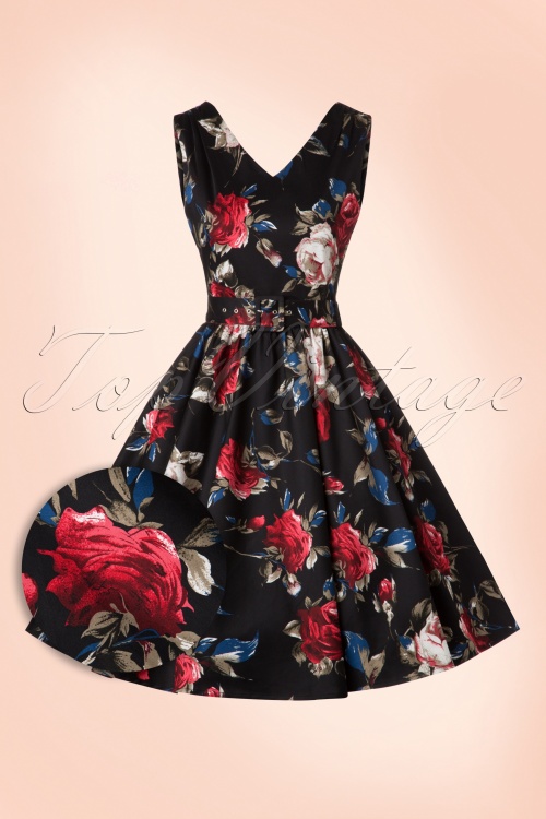 Dolly and Dotty - 50s Petal Floral Swing Dress in Black