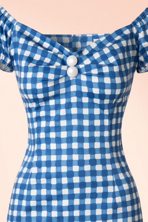 Collectif Clothing - 50s Dolores Painted Gingham Dress in Blue and White 4