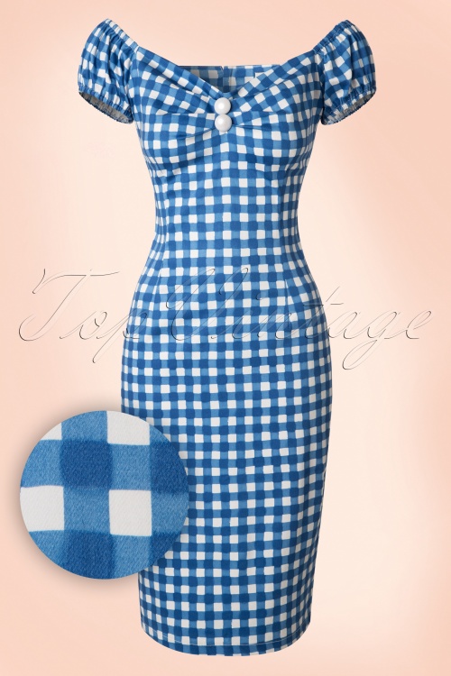 Collectif Clothing - 50s Dolores Painted Gingham Dress in Blue and White 2