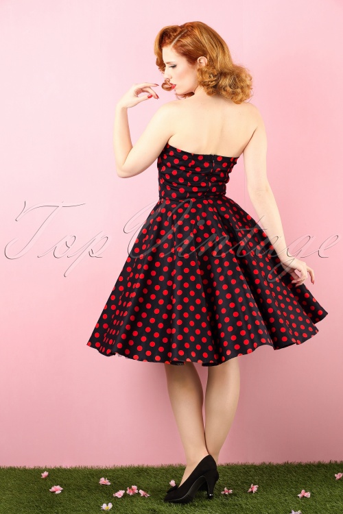 Dolly and Dotty - 50s Melissa Polkadot Bandeau Swing Dress in Black and Red 4