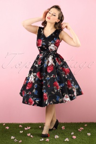 Dolly and Dotty - 50s Petal Roses Swing Dress in Black 3