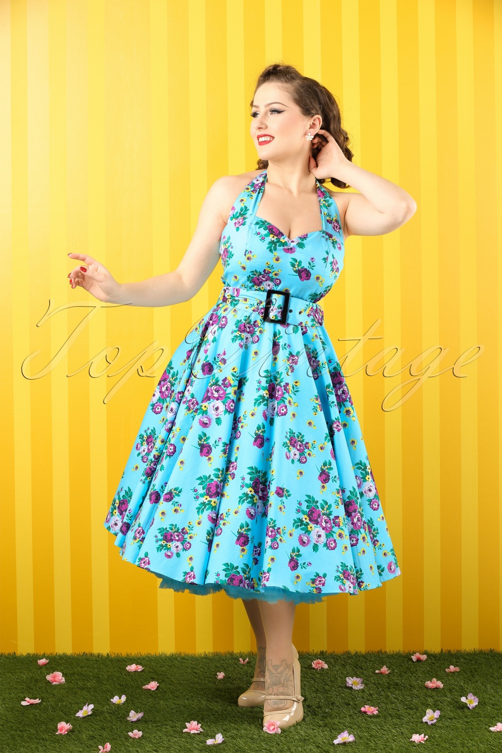 50s May Day Halter Swing Dress in Sky Bue