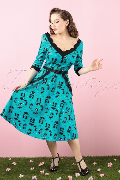 Vixen - 50s Jade Cat Swing Dress in Blue 4