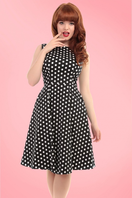 Collectif Clothing - 50s Hepburn Polkadot Doll Dress in Black and White 6