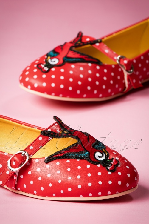 Banned Retro - 50s Mercy Swallow Polkadot Flats in Red 2