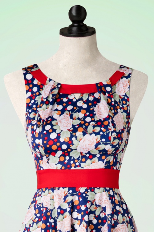 Hearts & Roses - 50s Connie Floral Swing Dress in Dark Blue 3