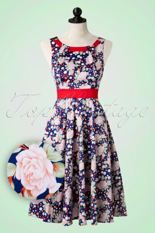 Hearts & Roses - 50s Connie Floral Swing Dress in Dark Blue 2