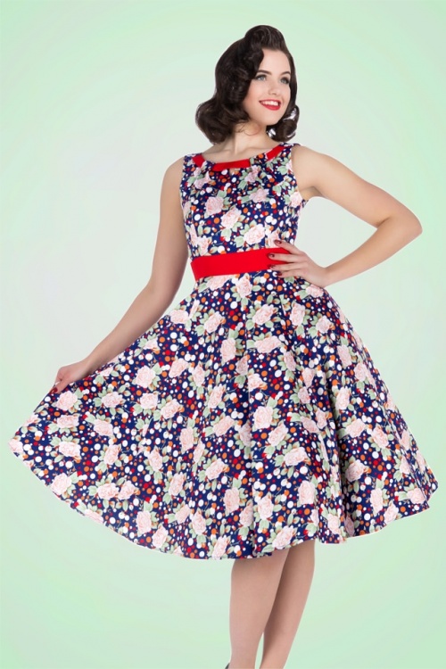 Hearts & Roses - 50s Connie Floral Swing Dress in Dark Blue